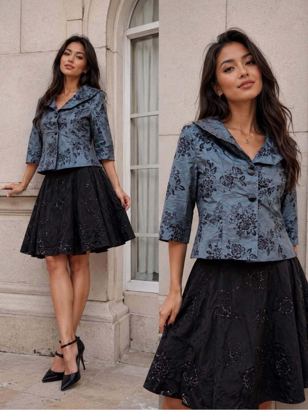 Dress Barn Blue Floral Jacquard Jacket with Black Skirt